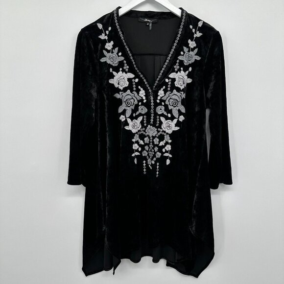 Andree by Unit Crushed Velvet Tunic Top Shirt Blouse Small‎ Embroidered Flowy - Picture 1 of 9